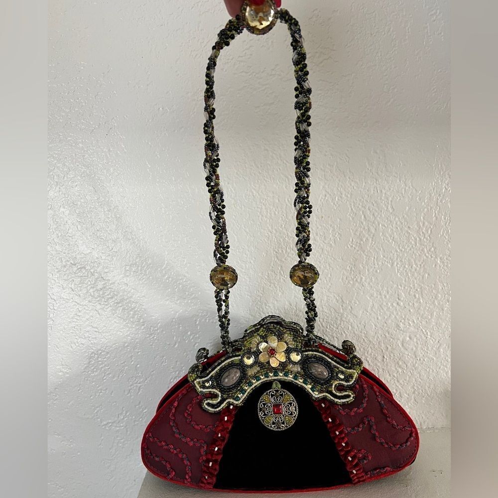 Vintage retro Mary Frances burgundy velvet embellished goth evening Y2K bag - Picture 5 of 11